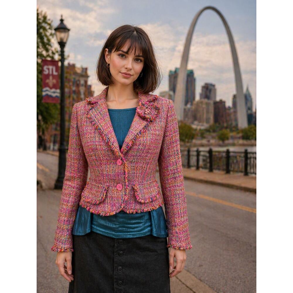 Ice Girl Pink Tweed Cropped Blazer Fringe Jacket Preppy Small